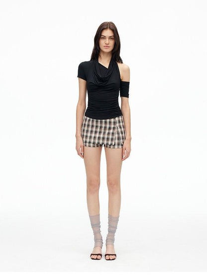 AFTADAWN Solid Ruched Halter Slanted Shoulder Women&