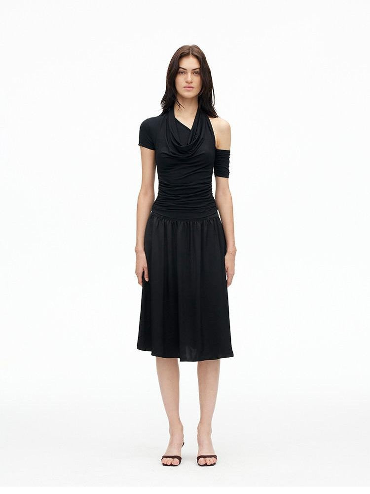 AFTADAWN Solid Ruched Halter Slanted Shoulder Women&