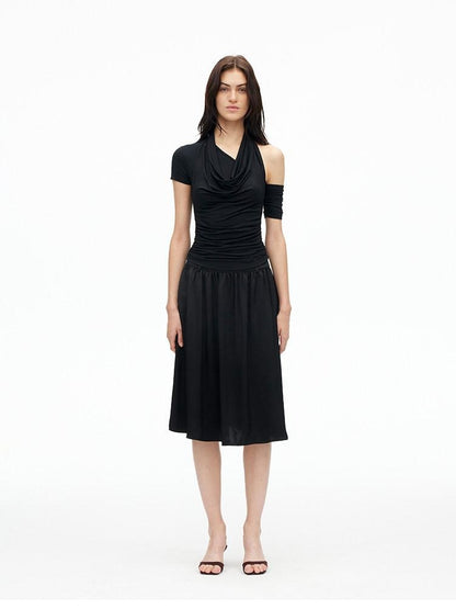 AFTADAWN Solid Ruched Halter Slanted Shoulder Women&
