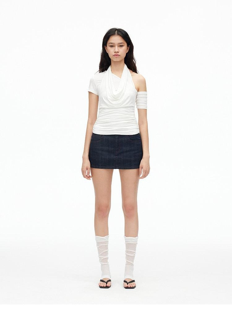 AFTADAWN Solid Ruched Halter Slanted Shoulder Women&