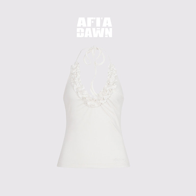 AFTADAWN_Solid_White_Ruffle_V-neck_Tie_Slim_Fit_Women&