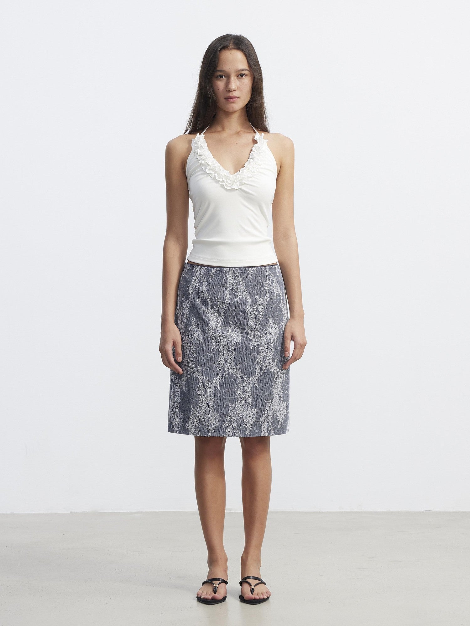 AFTADAWN Solid White Ruffle V-neck Tie Slim Fit Women&