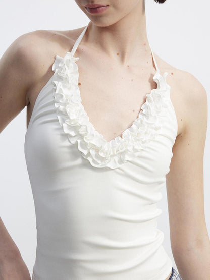 AFTADAWN Solid White Ruffle V-neck Tie Slim Fit Women&