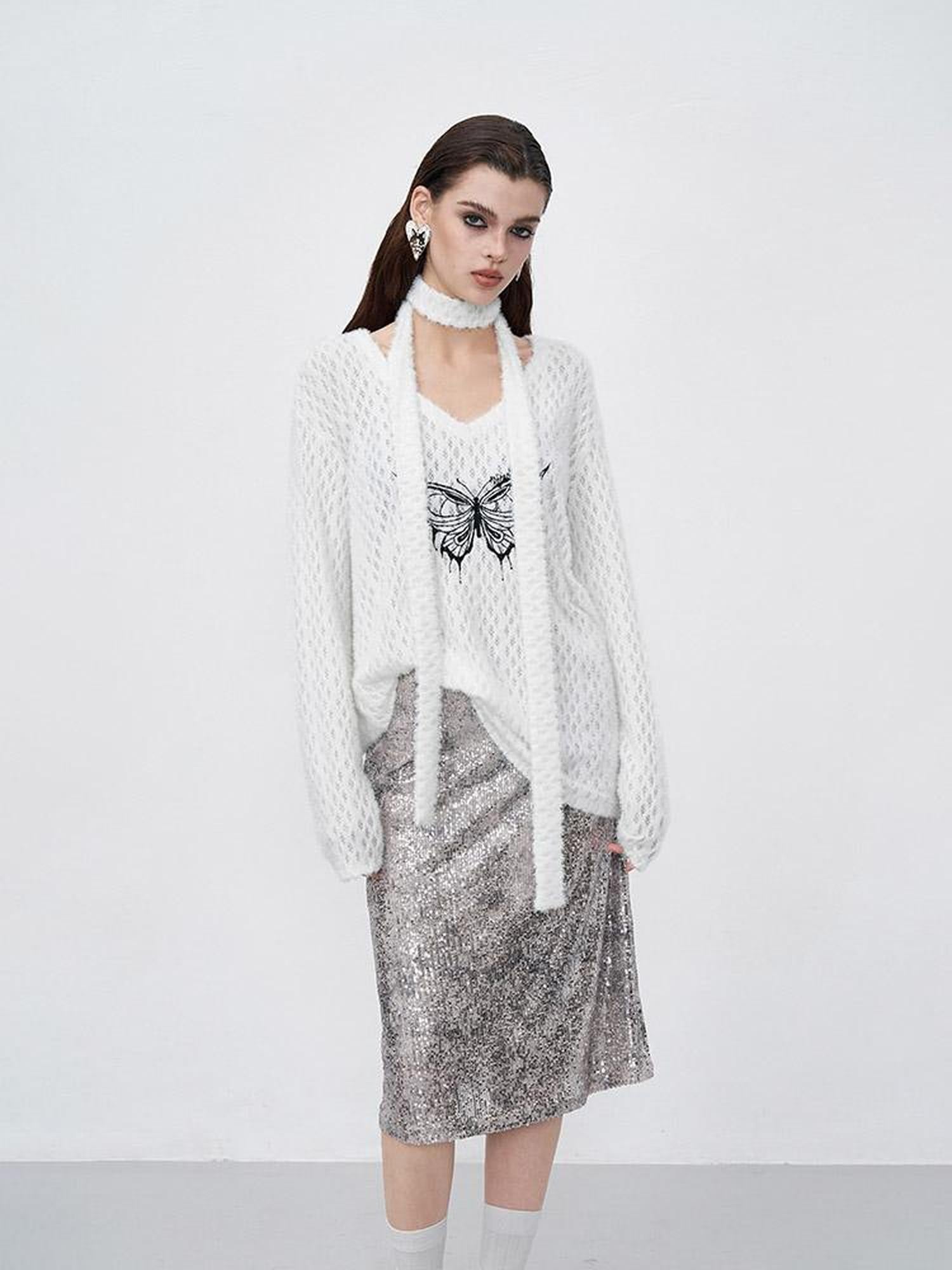 AFTADAWN Sparkle Weave Metallic Silver Midi Skirt