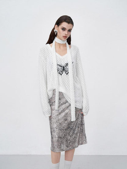 AFTADAWN Sparkle Weave Metallic Silver Midi Skirt