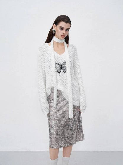 Sparkle Weave Metallic Silver Midi Skirt