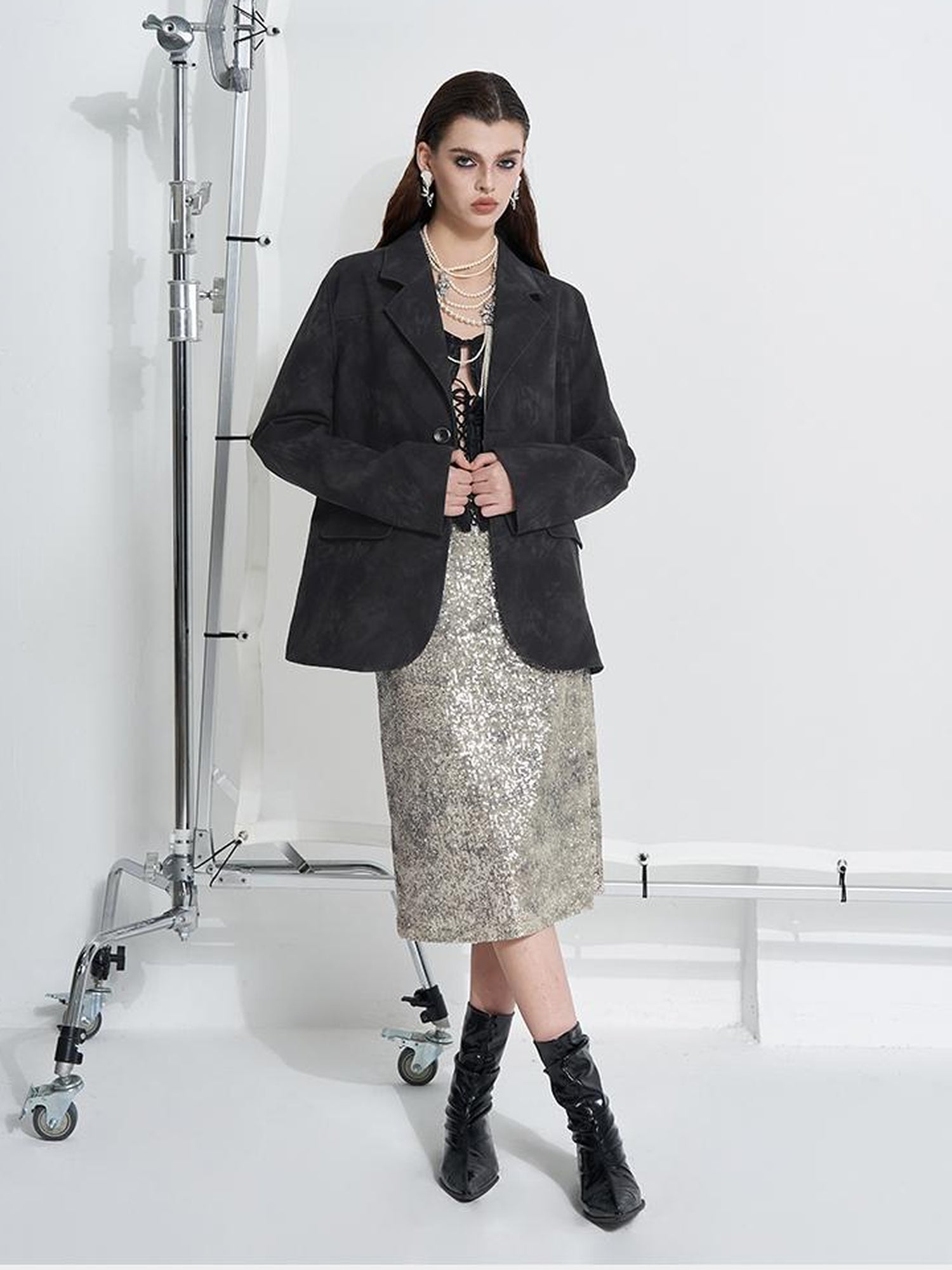 AFTADAWN Sparkle Weave Metallic Silver Midi Skirt