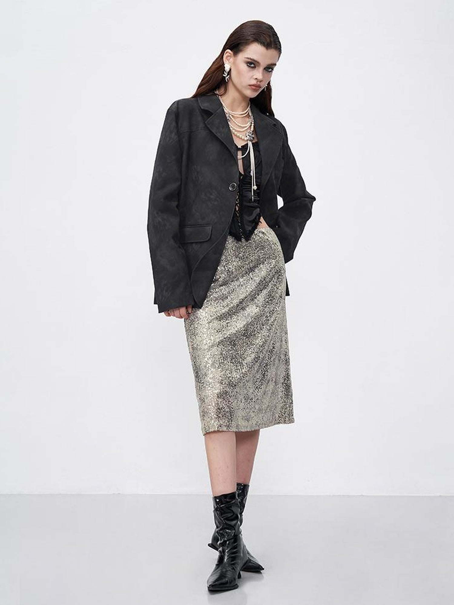 AFTADAWN Sparkle Weave Metallic Silver Midi Skirt