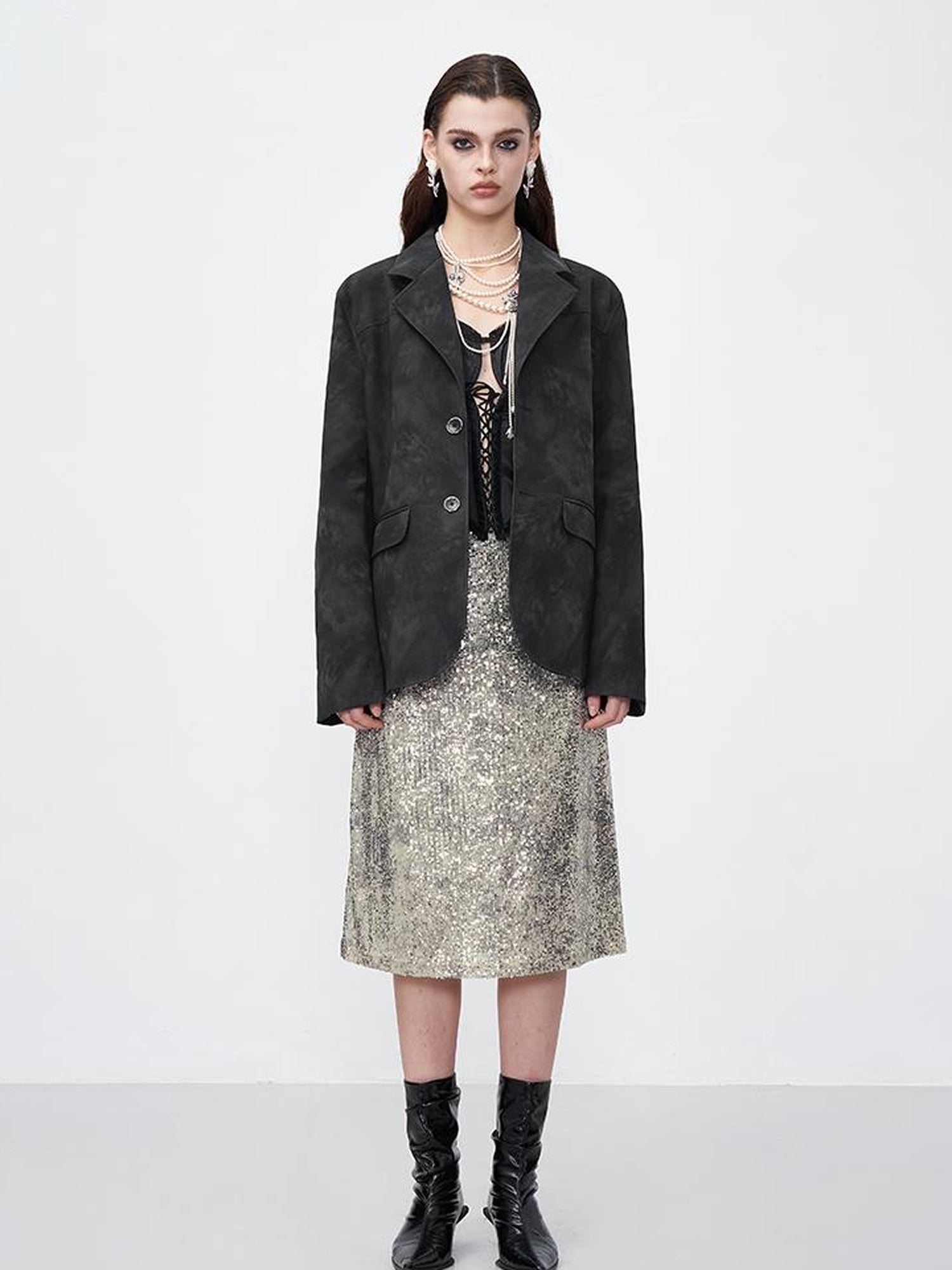 AFTADAWN Sparkle Weave Metallic Silver Midi Skirt