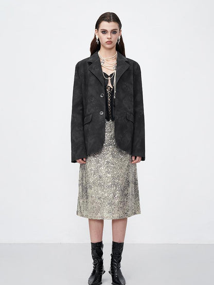 AFTADAWN Sparkle Weave Metallic Silver Midi Skirt
