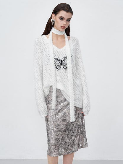 AFTADAWN Sparkle Weave Metallic Silver Midi Skirt