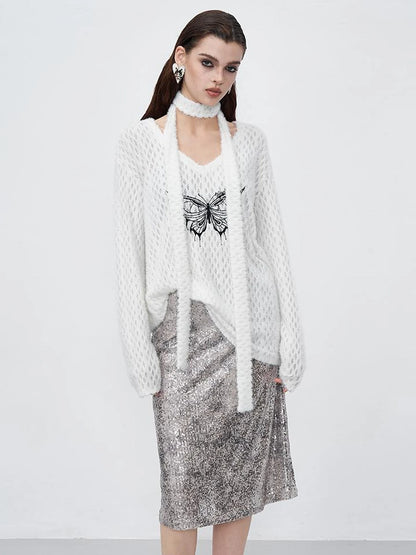 Sparkle Weave Metallic Silver Midi Skirt