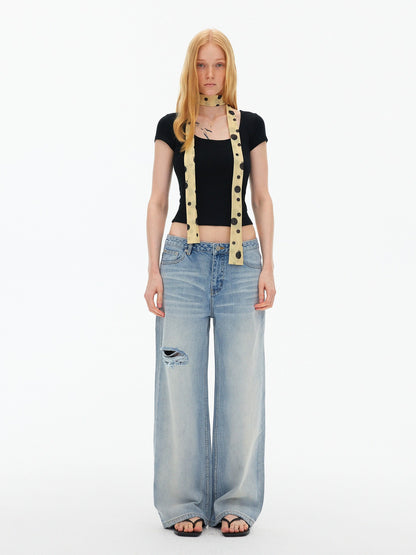 AFTADAWN Square Neck Halter Tie Fitted Short Sleeve Wool Blend Women&