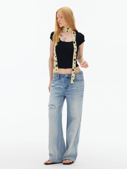 AFTADAWN Square Neck Halter Tie Fitted Short Sleeve Wool Blend Women&
