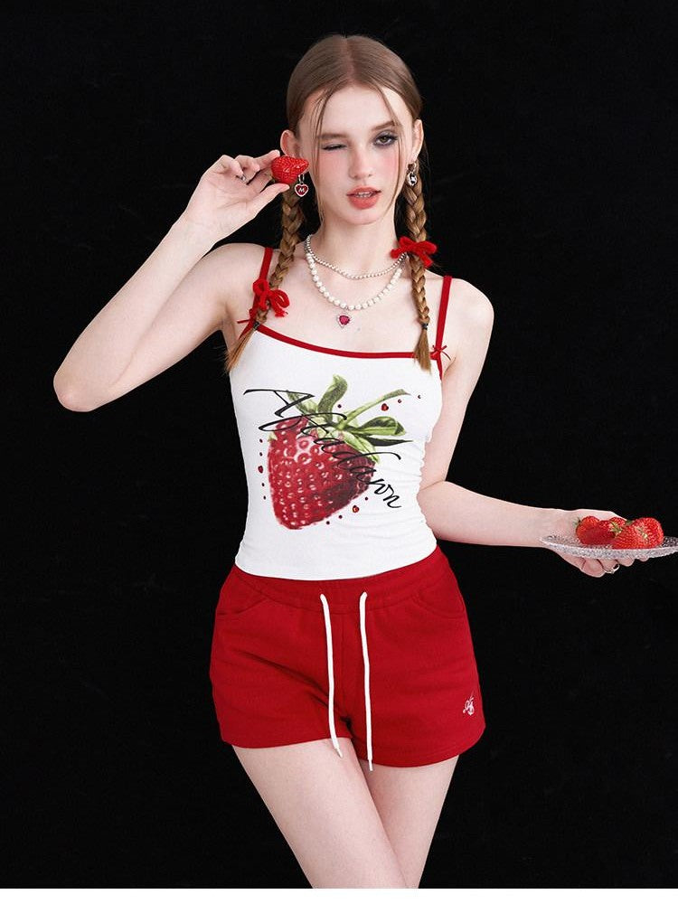 AFTADAWN Strawberry Print Cropped Slim Women&