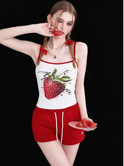 AFTADAWN Strawberry Print Cropped Slim Women&