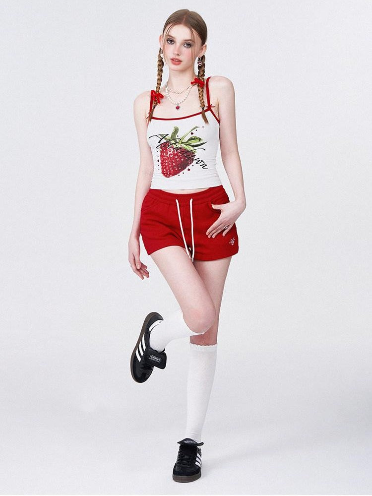 AFTADAWN Strawberry Print Cropped Slim Women&