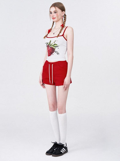 AFTADAWN Strawberry Print Cropped Slim Women&