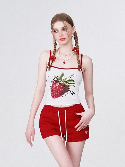 AFTADAWN Strawberry Print Cropped Slim Women&