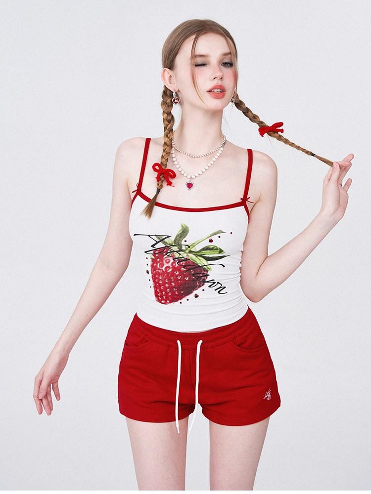 AFTADAWN Strawberry Print Cropped Slim Women&