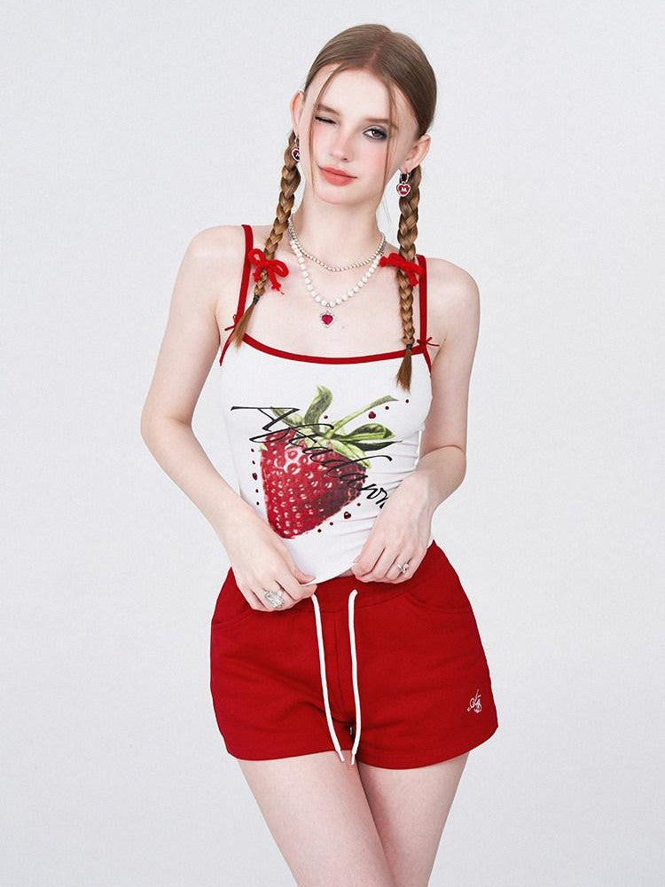 AFTADAWN Strawberry Print Cropped Slim Women&