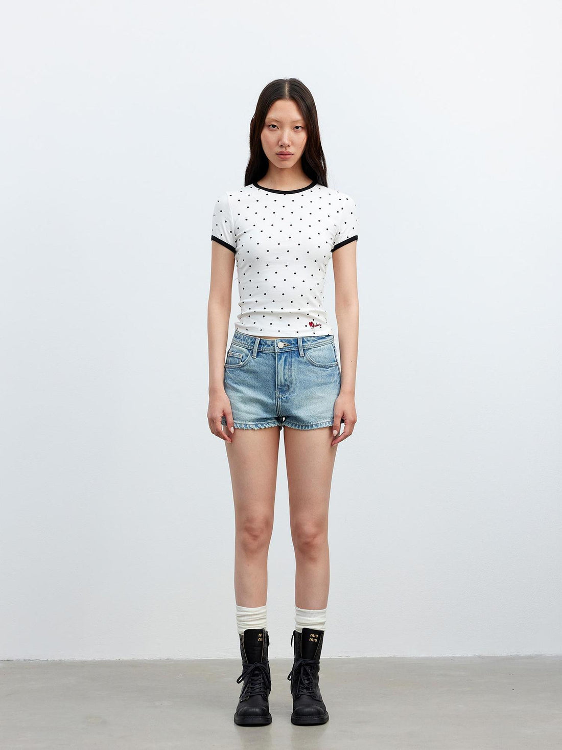 AFTADAWN Stretch Cotton Contrast Dot Round Neck Fitted Tee