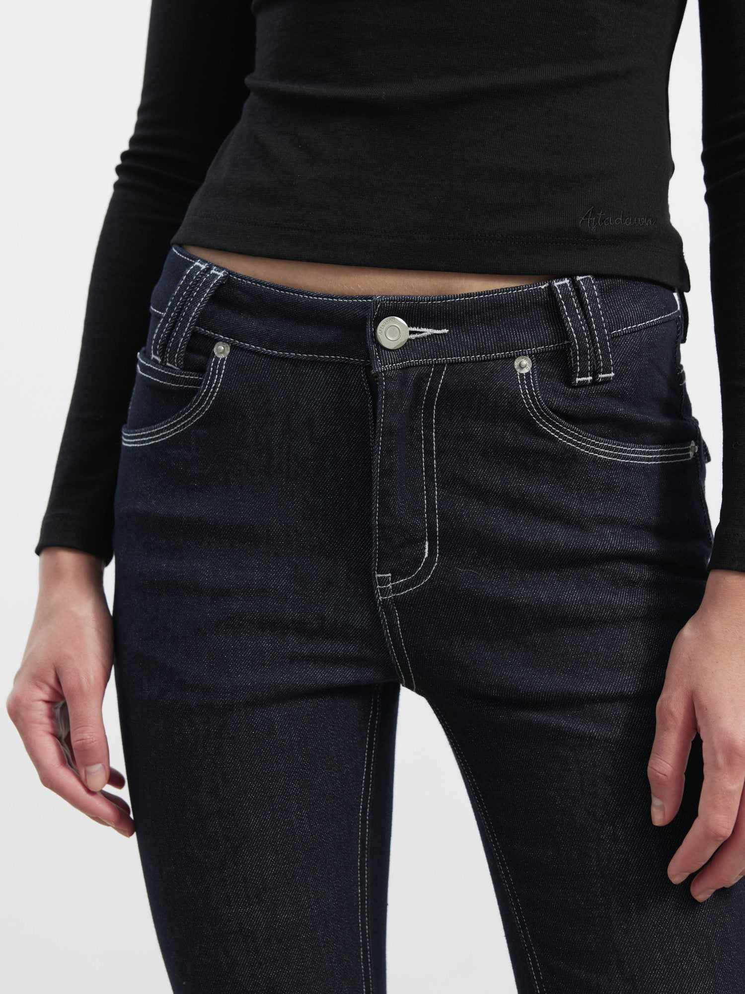 AFTADAWN Stretch Cotton Slim Flare Natural Waist Pockets Everyday Women Dark Blue Jeans