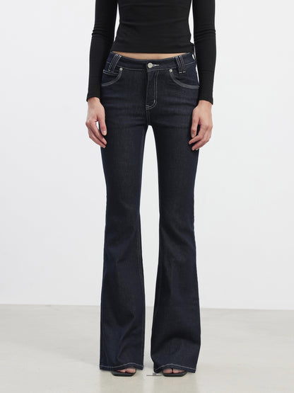 AFTADAWN Stretch Cotton Slim Flare Natural Waist Pockets Everyday Women Dark Blue Jeans