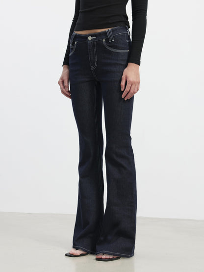 AFTADAWN Stretch Cotton Slim Flare Natural Waist Pockets Everyday Women Dark Blue Jeans