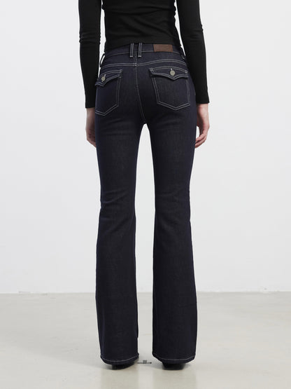 AFTADAWN Stretch Cotton Slim Flare Natural Waist Pockets Everyday Women Dark Blue Jeans