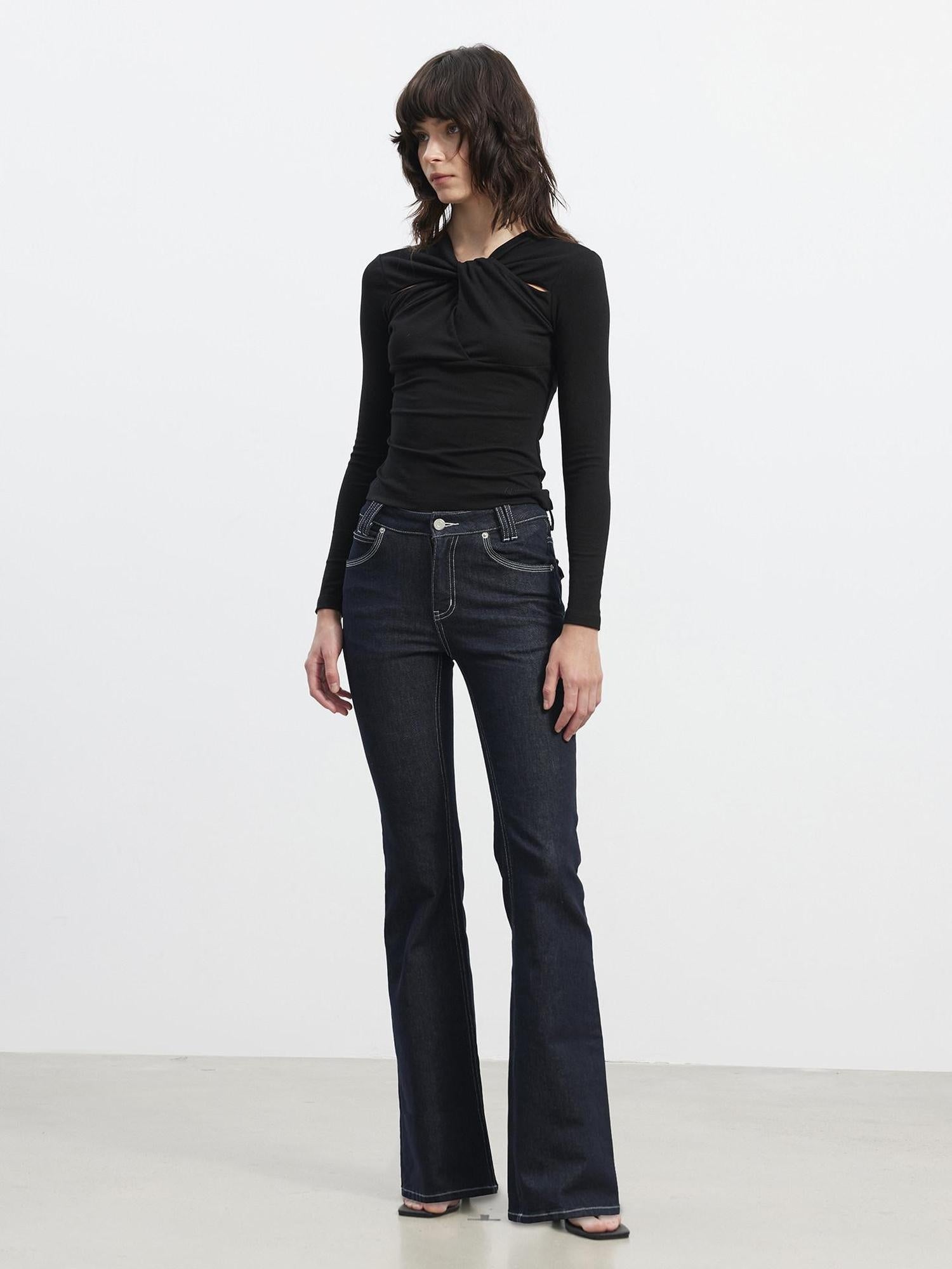 AFTADAWN Stretch Cotton Slim Flare Natural Waist Pockets Everyday Women Dark Blue Jeans