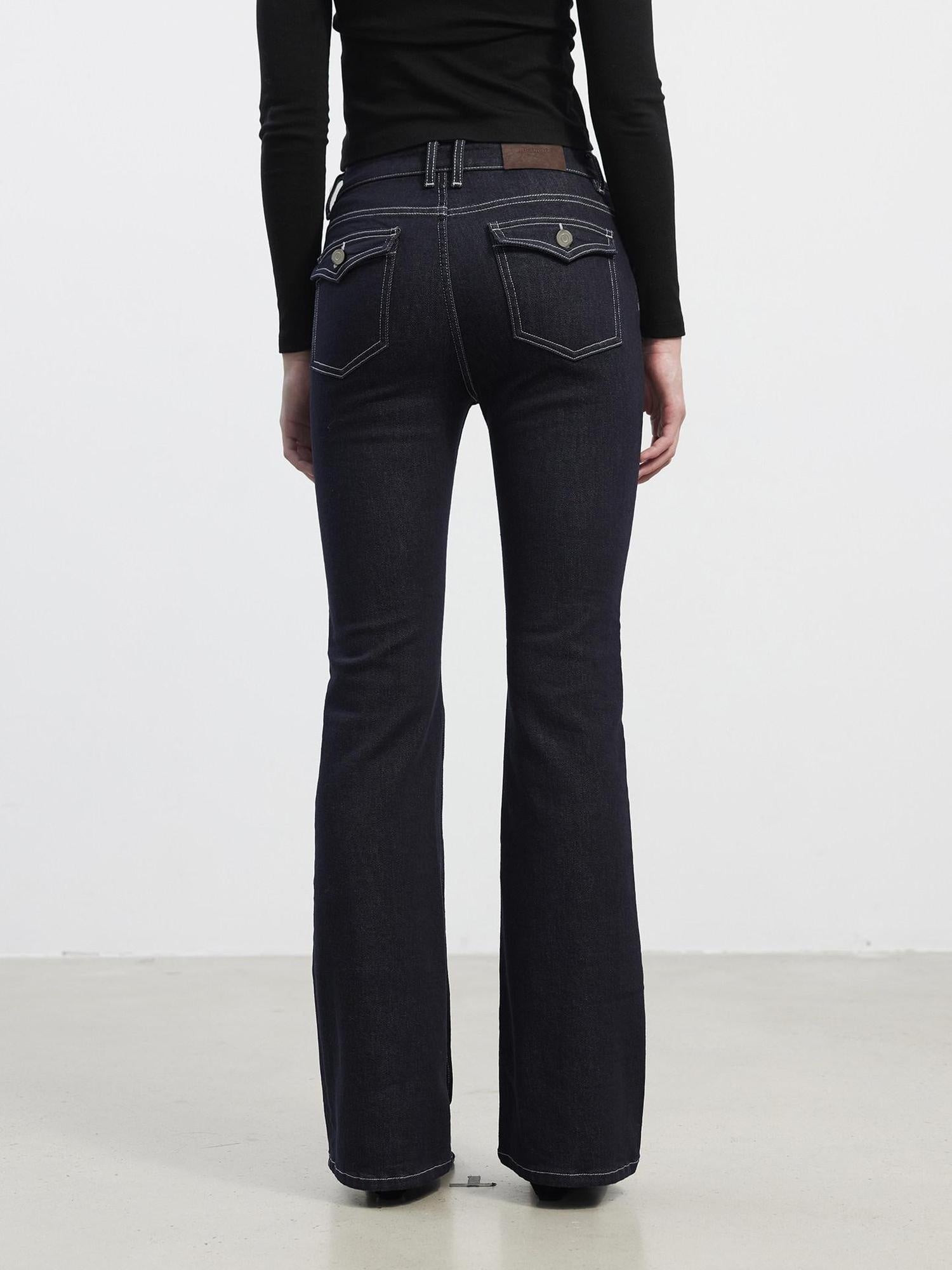 AFTADAWN Stretch Cotton Slim Flare Natural Waist Pockets Everyday Women Dark Blue Jeans