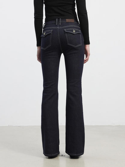 AFTADAWN Stretch Cotton Slim Flare Natural Waist Pockets Everyday Women Dark Blue Jeans