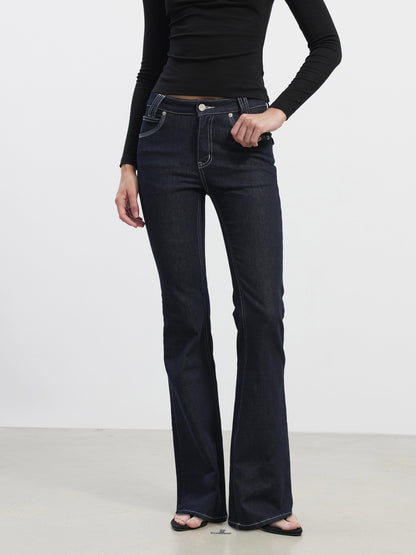 AFTADAWN Stretch Cotton Slim Flare Natural Waist Pockets Everyday Women Dark Blue Jeans