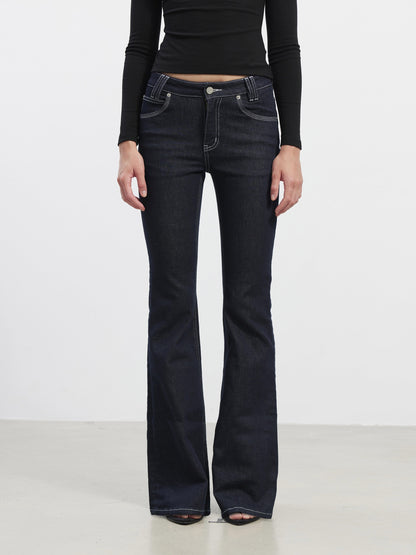 AFTADAWN Stretch Cotton Slim Flare Natural Waist Pockets Everyday Women Dark Blue Jeans