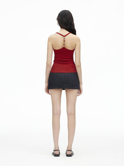 AFTADAWN Stretch Pearl Detail Back Ruffle U Neck Camisole