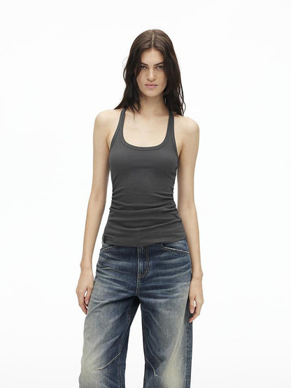 AFTADAWN Stretch Pearl Detail Back Ruffle U Neck Camisole