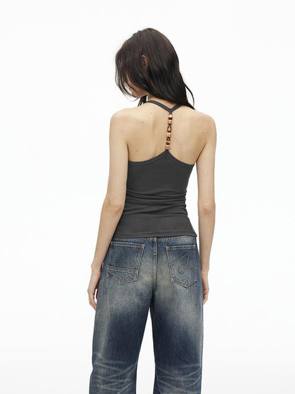 AFTADAWN Stretch Pearl Detail Back Ruffle U Neck Camisole