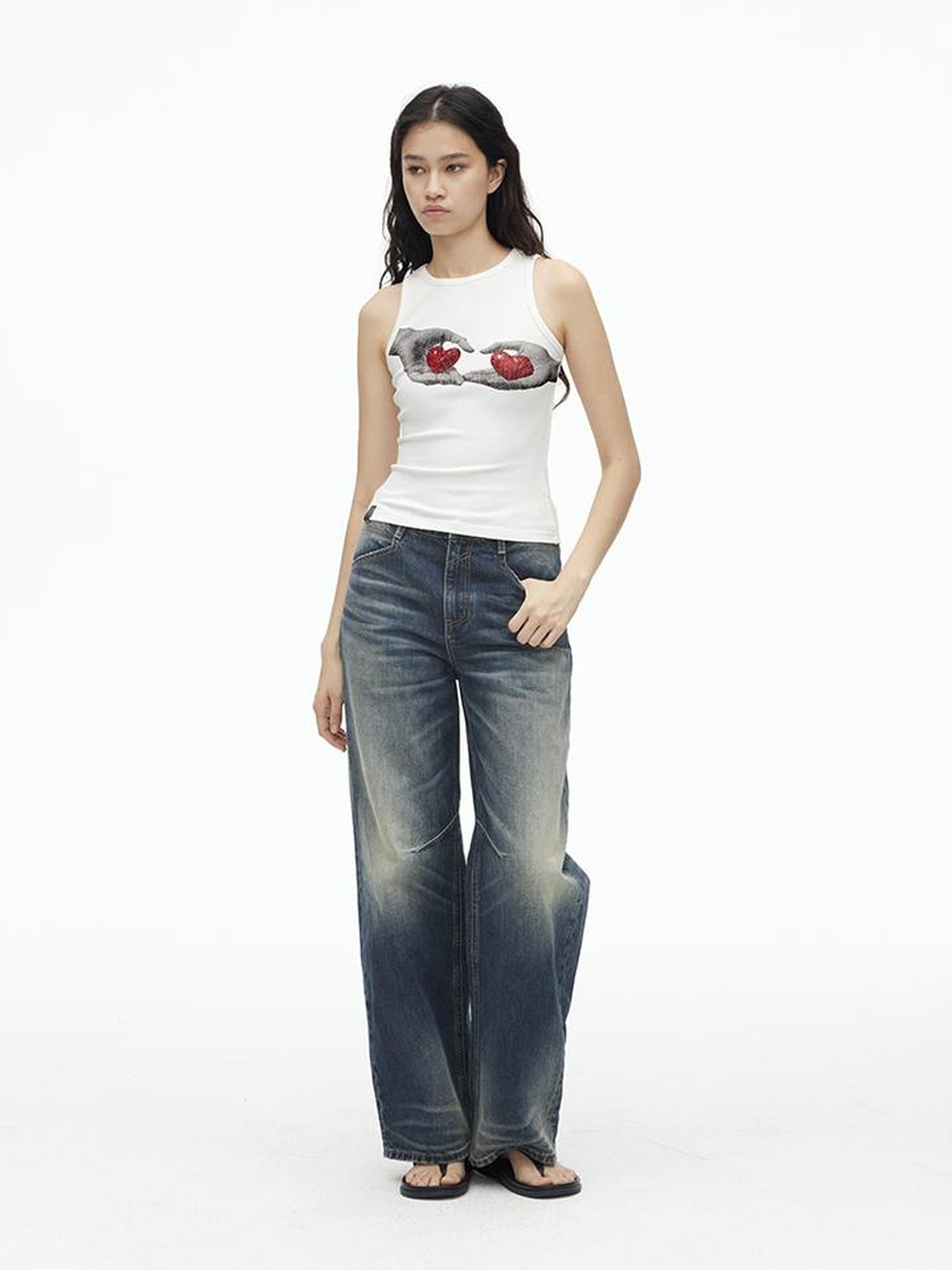 AFTADAWN Stretch Ribbed Sleeveless Camisole With Side Coverage Print Detail