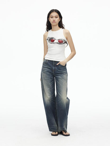 AFTADAWN Stretch Ribbed Sleeveless Camisole With Side Coverage Print Detail