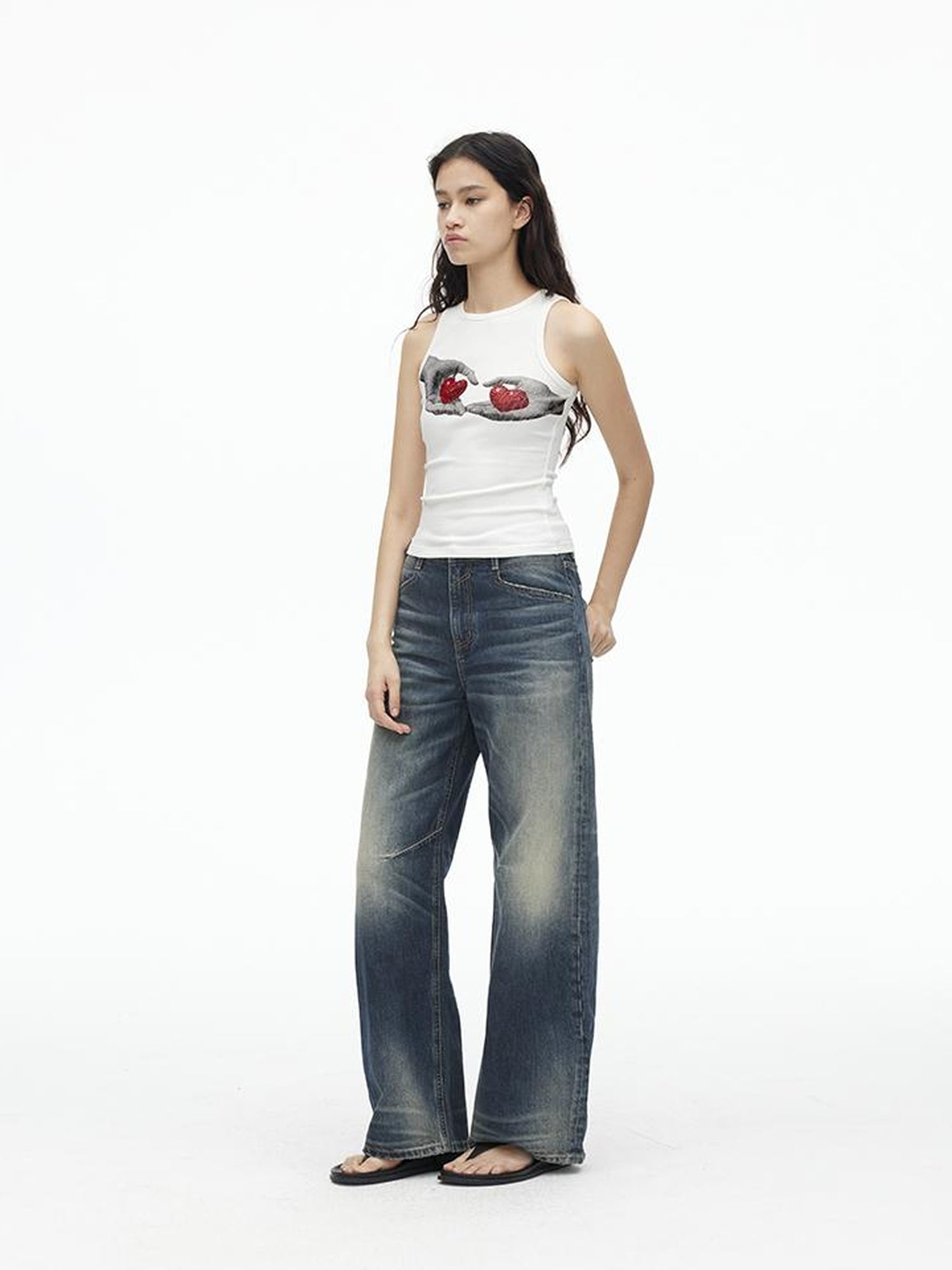 AFTADAWN Stretch Ribbed Sleeveless Camisole With Side Coverage Print Detail