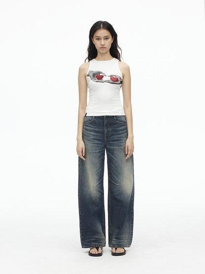 AFTADAWN Stretch Ribbed Sleeveless Camisole With Side Coverage Print Detail