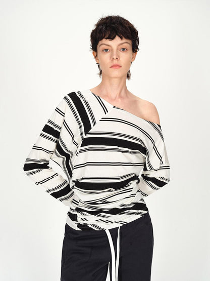 AFTADAWN Striped Asymmetric Off Shoulder Women&