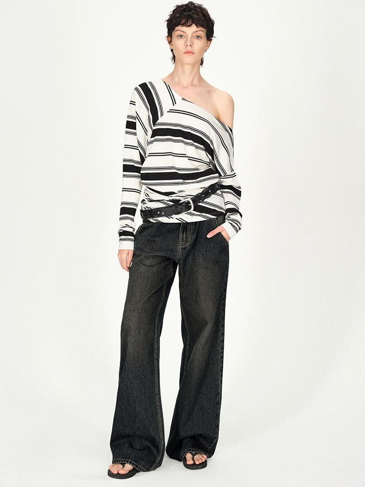 AFTADAWN Striped Asymmetric Off Shoulder Women&