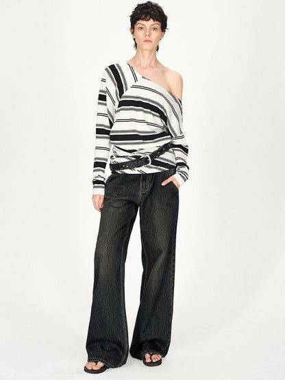AFTADAWN Striped Asymmetric Off Shoulder Women&