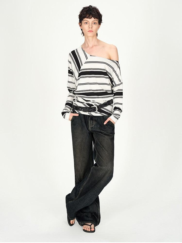 AFTADAWN Striped Asymmetric Off Shoulder Women&