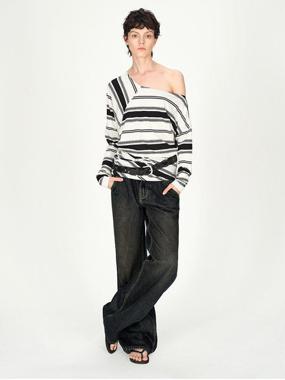 AFTADAWN Striped Asymmetric Off Shoulder Women&