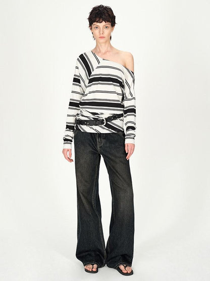 AFTADAWN Striped Asymmetric Off Shoulder Women&