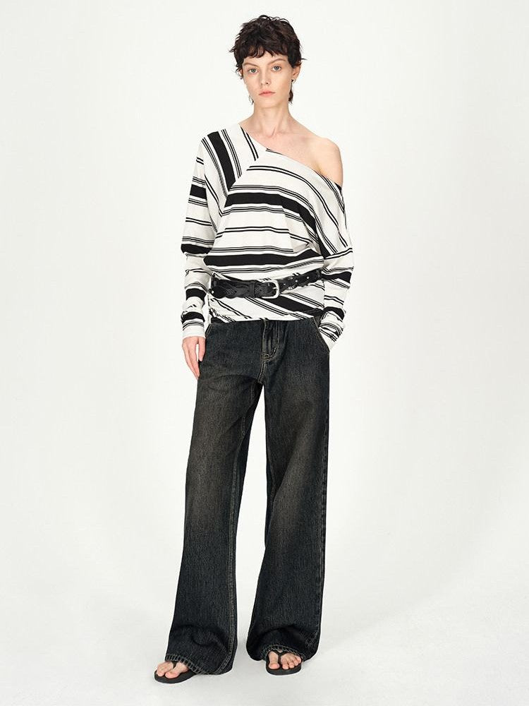 AFTADAWN Striped Asymmetric Off Shoulder Women&