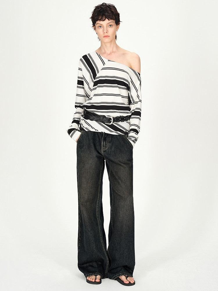 AFTADAWN Striped Asymmetric Off Shoulder Women&